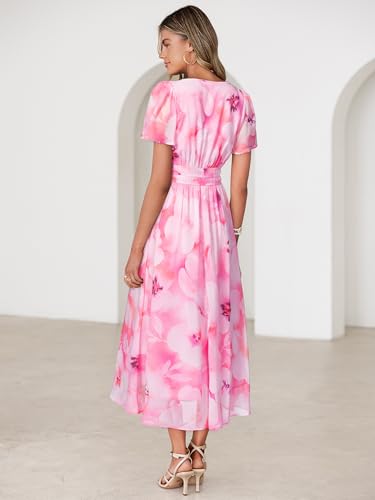 Simplee Women Floral Summer Maxi Dress Boho Flowy Casual Chiffon Short Sleeves V Neck Long Wedding Guest Dresses