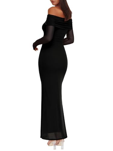 REORIA Women Off Shoulder Long Sleeve Dress Elegant Sexy Stretch Mesh Double Lined Slim Trendy Long Dresses