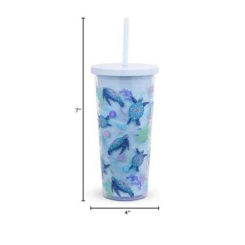Travel Tumbler with Lid and Straw, 24 Ounce Insulated Cup, Blue Plastic Double Wall Tumbler, Turtle Dream