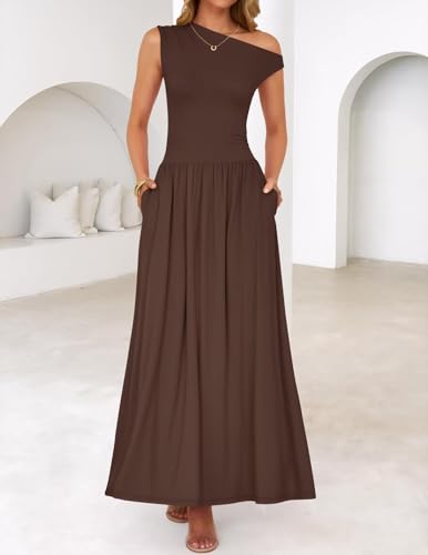 ZESICA Women's Summer 2026 Sleeveless Maxi Dress One Shoulder Casual Slim Swing Pleated Formal Dresses with Pockets