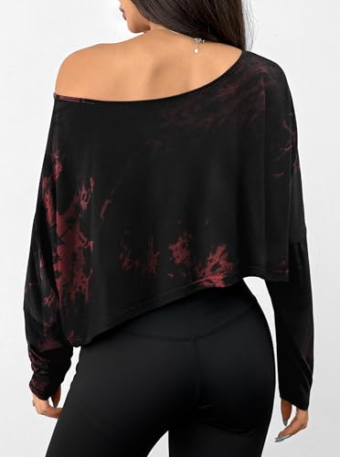 Hilinker Womens Off Shoulder Long Sleeve Crop Tops Sexy Boat Neck Loose Casual T Shirt