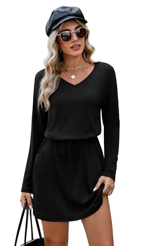 OFEEFAN Fall Dresses for Women 2025 Loose V Neck Long Sleeve T Shirts Casual Sundresses Tie Front A-Line Dresses