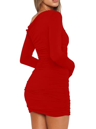 Mokoru Women's Sexy Elegant Off Shoulder Long Sleeve Ruched Bodycon Cocktail Party Mini Dresses