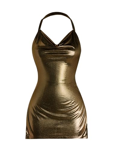 Floerns Women's Y2k Halter Dress Cowl Neck Sleeveless Draped Club Bodycon Mini Dresses