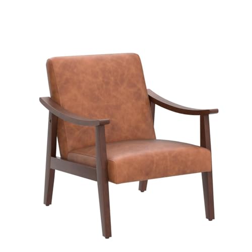 Yaheetech PU Leather Accent Chair, Mid-Century Modern Armchair with Solid Wood Legs, Reading Leisure Chair with High Back ...