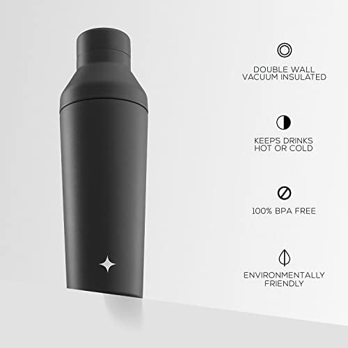 JoyJolt Triple Insulated Cocktail/Protein Shaker Bottle. 20oz Shaker Cup with Alcohol Measure Lid and Jigger Cap. 12hr Ice...