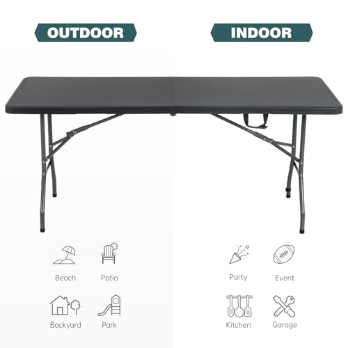 FDW 6 Foot Outdoor Dining Table, Foldable Portable Rectangular Plastic Folding Table with Built in Carrying Handle for Par...