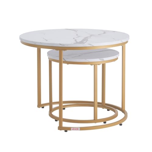 VEVOR Nesting Tables, Coffee Table Set of 2, 23.6 inch Round Coffee Table, Small Coffee Tables Night Stand with Metal Frame, for Living Room, Bedroom, Office (White & Gold)