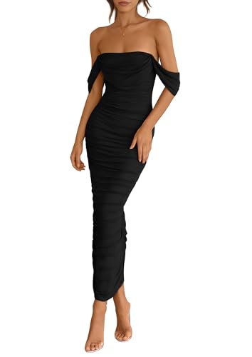 PRETTYGARDEN Womens 2026 Summer Off The Shoulder Dress Ruched Bodycon Sleeveless Split Cocktail Party Maxi Dresses