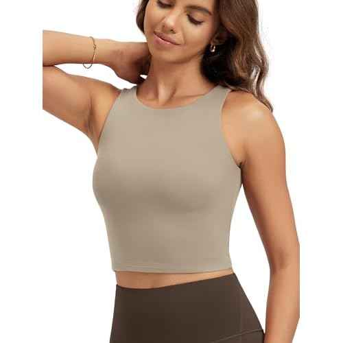 ODODOS Double Layer High Neck Crop Tank for Women Cloud Feeling Sleeveless Casual Yoga Cropped Tops