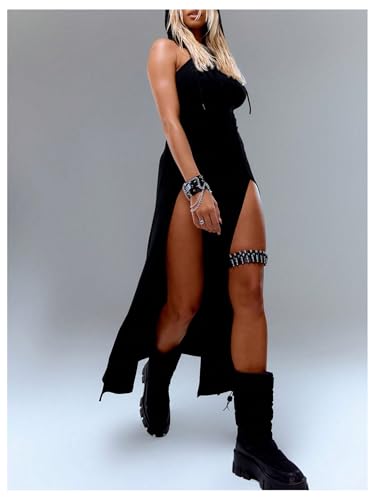 GORGLITTER Women's Double Slit Hooded Rave Dress Sexy Y2k Gothic Sleeveless Grunge Bodycon Going Out Maxi Dresses 2025