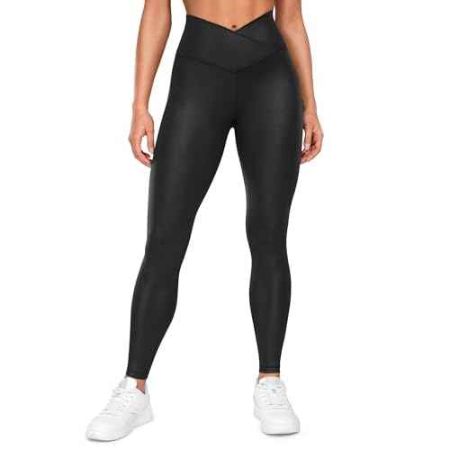 CRZ YOGA Womens Butterluxe Matte Faux Leather Cross Waist Leggings 28" - V Crossover High Waisted Lounge