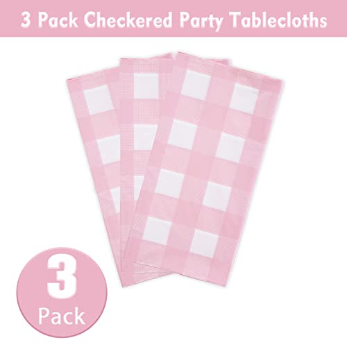Kesfey 3 Packs Pink Gingham Tablecloth Pink and White Checkered Tablecloths 54 x 108 Inches Disposable Plastic Gingham Tab...