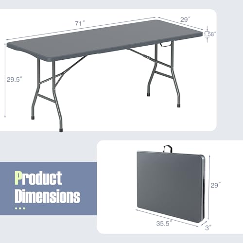 Folding Table, HDPE Portable Table with 6 ft Long Tabletop, Metal Frame Picnic Camping Table with Safe Lock, Collapsible D...