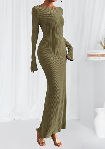 PRETTYGARDEN Women's Fall Fashion 2026 Long Sleeve Maxi Dress Ribbed Knit Boat Neck Bodycon Casual Dresses Going Out Outfits