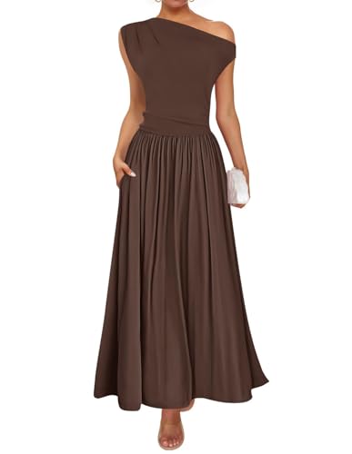 ZESICA Women's Summer 2026 Sleeveless Maxi Dress One Shoulder Casual Slim Swing Pleated Formal Dresses with Pockets
