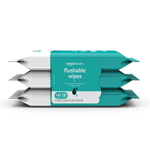 Amazon Basics Adult Wet Wipes Flushable Fragrance Free, 126 Count (3 Packs of 42) Packaging May Vary