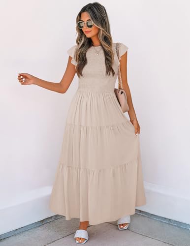 ZESICA Women's 2026 Summer Casual Flutter Short Sleeve Crew Neck Smocked Elastic Waist Tiered Midi Dress