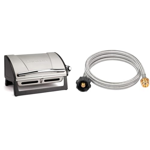 Cuisinart 8,000 BTU Portable Propane Tabletop Gas Grill Bundle with Propane Adapter & 5ft Hose for Portable Appliances