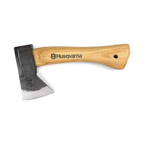 Husqvarna 9.4-Inch Hiking Hatchet, Camping Axe with Hickory Wood Handle and Forged Steel Axe Head, Includes Durable Leather Cover