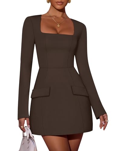 ZESICA Women's 2026 Fall Long Sleeve Bodycon Mini Dress Casual Square Neck Slim Fit Cocktail Party Short Dresses
