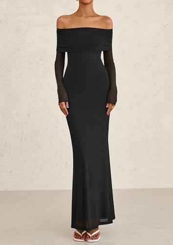 PRETTYGARDEN Fall Dresses for Women 2025 Elegant Off The Shoulder Long Sleeve Formal Wedding Guest Bodycon Maxi Dress