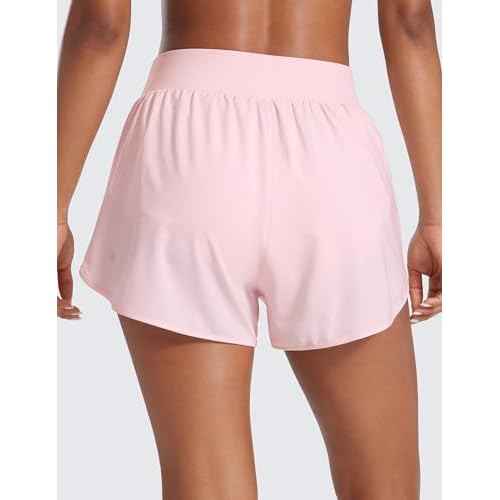 CRZ YOGA Dolphin Flat Waist Athletic Shorts for Women 3" - High Rise Quick Dry for Running Workout Gym Track with Zip Pockets