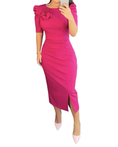 Women's Bodycon Midi Dress Ruched Puff Sleeve Cocktail Pencil Dress Casual Slit Party Work Dresses