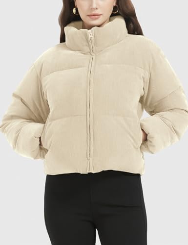 Flygo Womens Cropped Corduroy Puffer Jacket Winter Jackets Warm Long Sleeve Zip Quilted Down Puffer coat