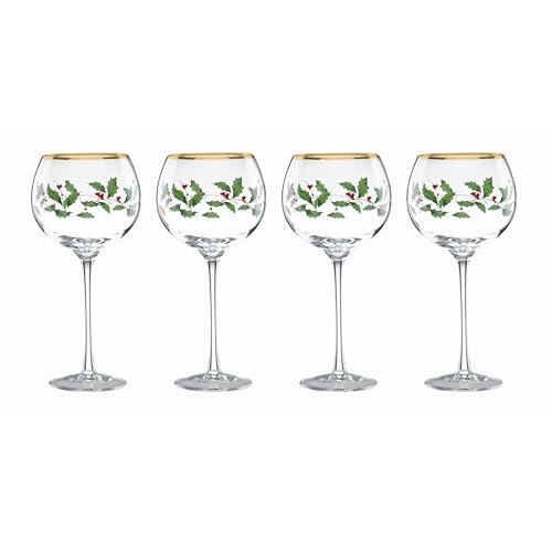 Lenox Drinkware, Holiday 4-Piece Wine Balloon Glass Set, Set Of 4, 14 Fl Oz Capacity, Made From Glass, Festive Red Christm...