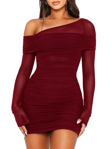 OZICERD Off The Shoulder Mini Dresses for Women Long Sleeve Ruched Bodycon Mesh Dress Cocktail Party Club Going Out Dress