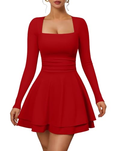 XXTAXN Women’s Sexy Long Sleeve Square Neck Flowy Hem Ruched High Waist Party Mini Dress with Side Pocket