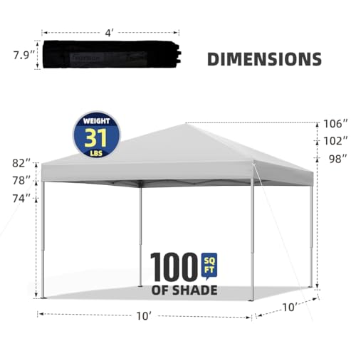 10x10 ft Pop Up Canopy Tent, Easy Up Instant Outdoor Canopy, Straight Legs, Wheeled Carry Bag - White