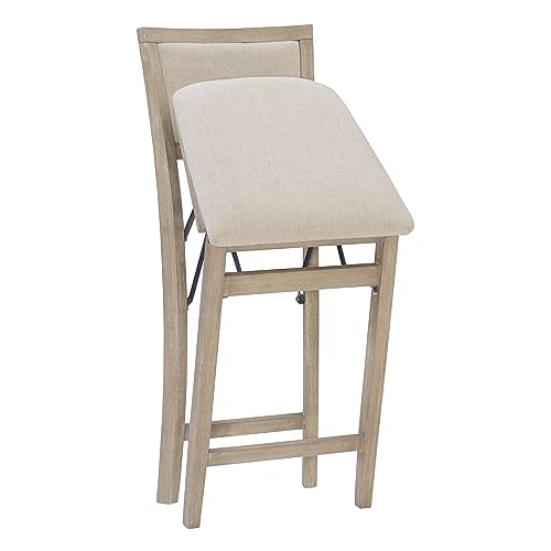 Linon Keira Natural Rustic Wooden Folding Counter Stool with Beige Upholstered Seat and Back