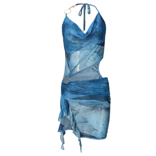 Novaorily Women Sexy Sheer Halterneck Mini Dress Hollow Out Colourful Mesh Floral Dress for Beach Party Night