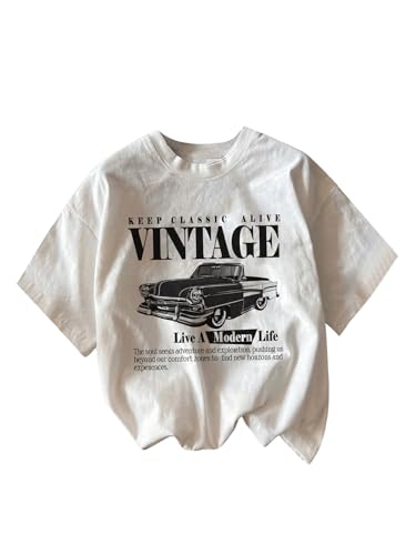RoseSeek Women's Graphic Letter Tee Crew Neck Drop Shoulder Trendy Summer T Shirt Short Sleeve Vintage Car Print Top