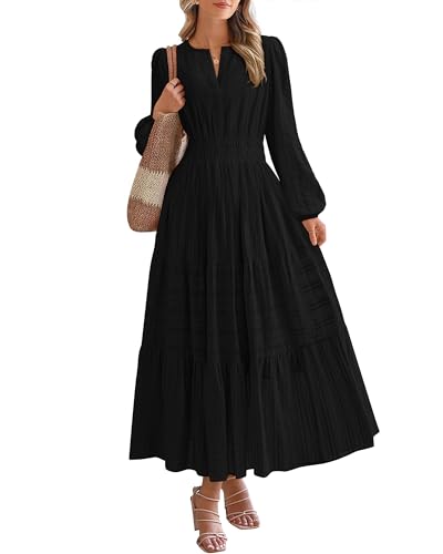 BTFBM Fall Dresses for Women 2026 Casual Long Sleeve V Neck Elastic Waist Lightweight Maxi Wedding Guest Dress Pockets