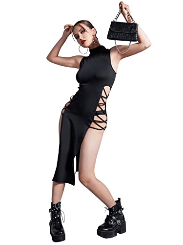 Verdusa Women's Crisscross High Split Gothic Dresses Mock Neck Sleeveless Bodycon Midi Dress