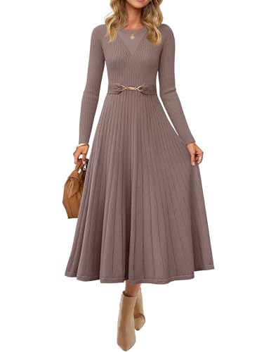 ZESICA Women's Long Sleeve Midi Sweater Dress 2026 Fall Crewneck Knit A Line Pleated Flowy Long Dresses with Belt
