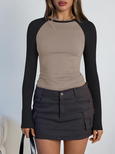 Trendy Queen Women's Long Sleeve Shirts Slim Fit Stretchy Color Block Slightly Cropped Tops