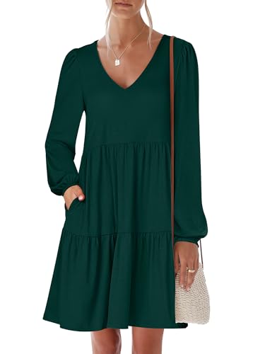 ANRABESS Womens Long Sleeve Dress 2026 Fall Casual V Neck Tiered Flowy Short Dresses Spring Beach Travel Vacation Clothes
