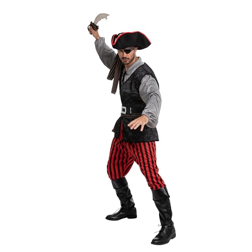 Spooktacular Creations Men Pirate Costume, Adult Pirate Shirt Vest Viking Pants Hat Set for Halloween Themed Parties