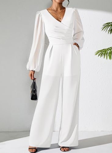 Pink Queen Jumpsuits for Women Dressy Patchwork Chiffon Sleeve V Neck Wide Leg Romper Holiday Party Outfits