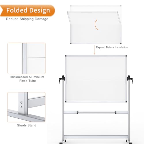 VIZ-PRO Double-Sided Mobile Whiteboard, 48 x 36 Inches, Magnetic Rolling Dry Erase White Board on Wheels with Aluminium Fr...