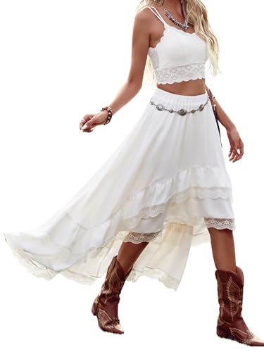 Verdusa Women's Western Boho Lace Ruffle Skirt Asymmetrical Country Cowgirl Skirts