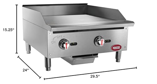 Kratos 24" Wide Commercial Countertop Griddle, Gas Hot Plate for Restaurants, Manual Controls, 2 Independent Burners, Powerful 60,000 BTU Output (29Y-004)