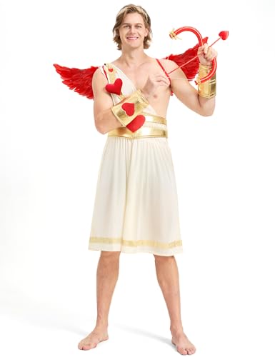 Boveco 6PCS Adult Cupid Costume for Men Valentines Day Cupid Costume with Wings, Bow & Arrow Fun Outfit for Party Cosplay