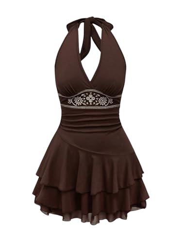 RoseSeek Women's Halter Cowgirl Vintage Mini Dress Embroidery Tie Back Sleeveless Ruched Tiered Layer A Line Dresses