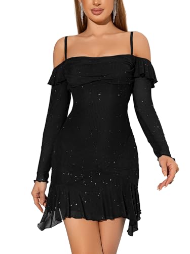 VAFADRESS Womens Sexy Sequin Sparkly Glitter Dress Spaghetti Strap Off Shoulder Party Club Mini Dress