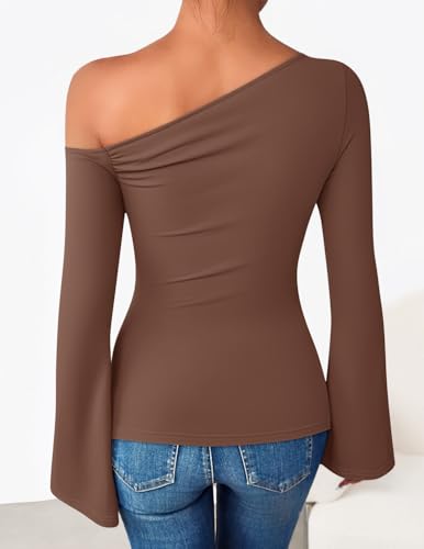 ZESICA Women's Off Shoulder Tops Bell Long Sleeve Shirts 2026 Spring Trendy Going Out Ruched Tight Fitted Y2K Clothes